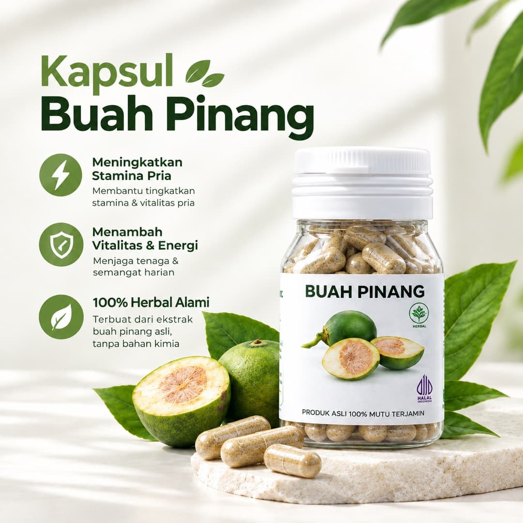 Botol kapsul Buah Pinang di atas alas batu dengan buah pinang dan daun segar
