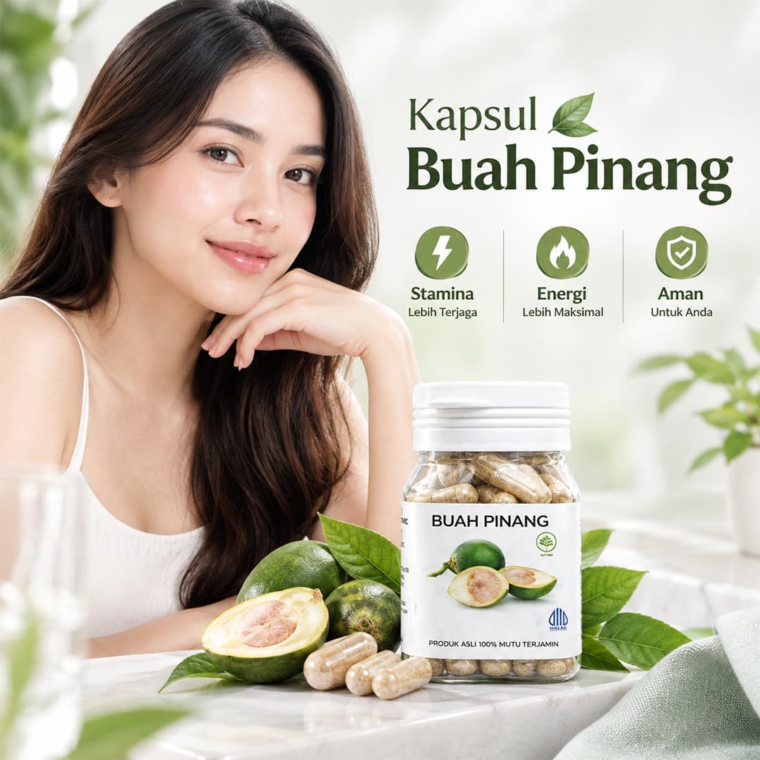 Botol kapsul Buah Pinang dengan ikon manfaat stamina, energi, dan herbal alami